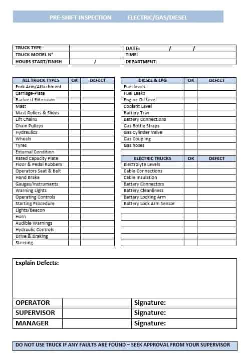 Pre-use check sheet Counterbalance and Reach Truck